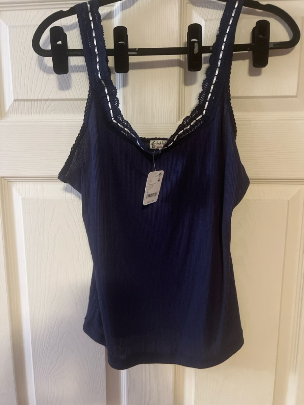 Free People Midnight Blue Ribbed Lace Trim Cami XL NWT Boho Lounge Layering
